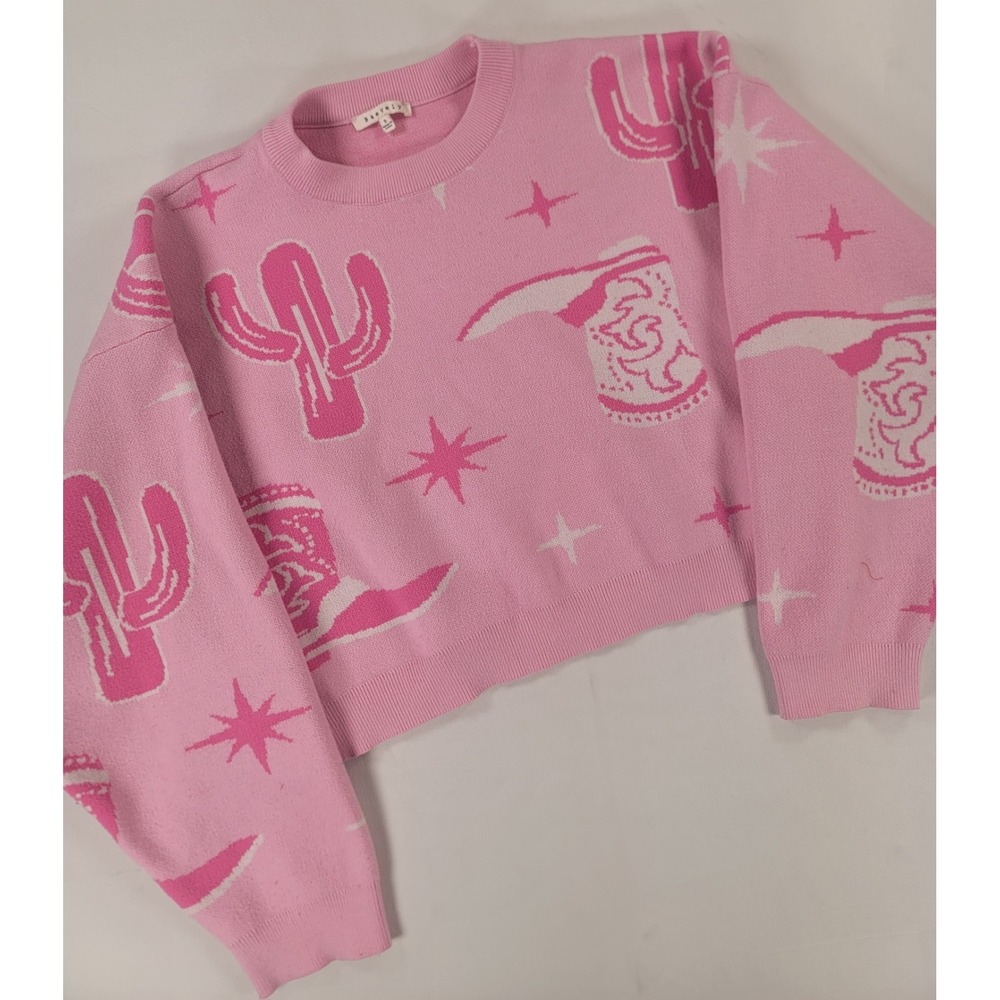 Baevely Pink Western Crop Sweater Cactus Cowgirl Rodeo Knit Top Small Barbiecore